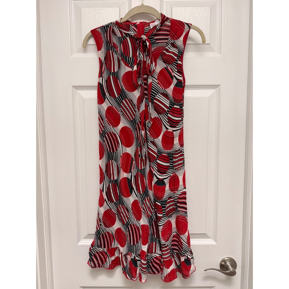 RED Valentino Silk Abstract Geometric Print Tie Neck Ruffle Hem Dress size 38 XS